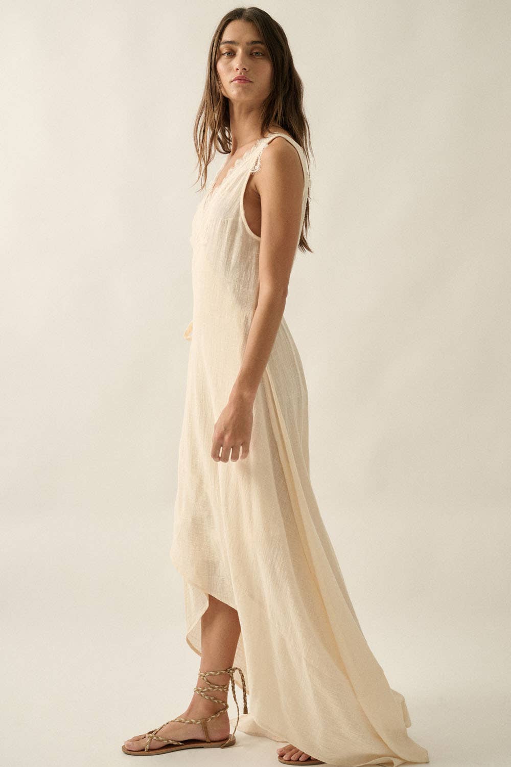 Lace-Trimmed Cotton Gauze Sleeveless Wrap Maxi Dress