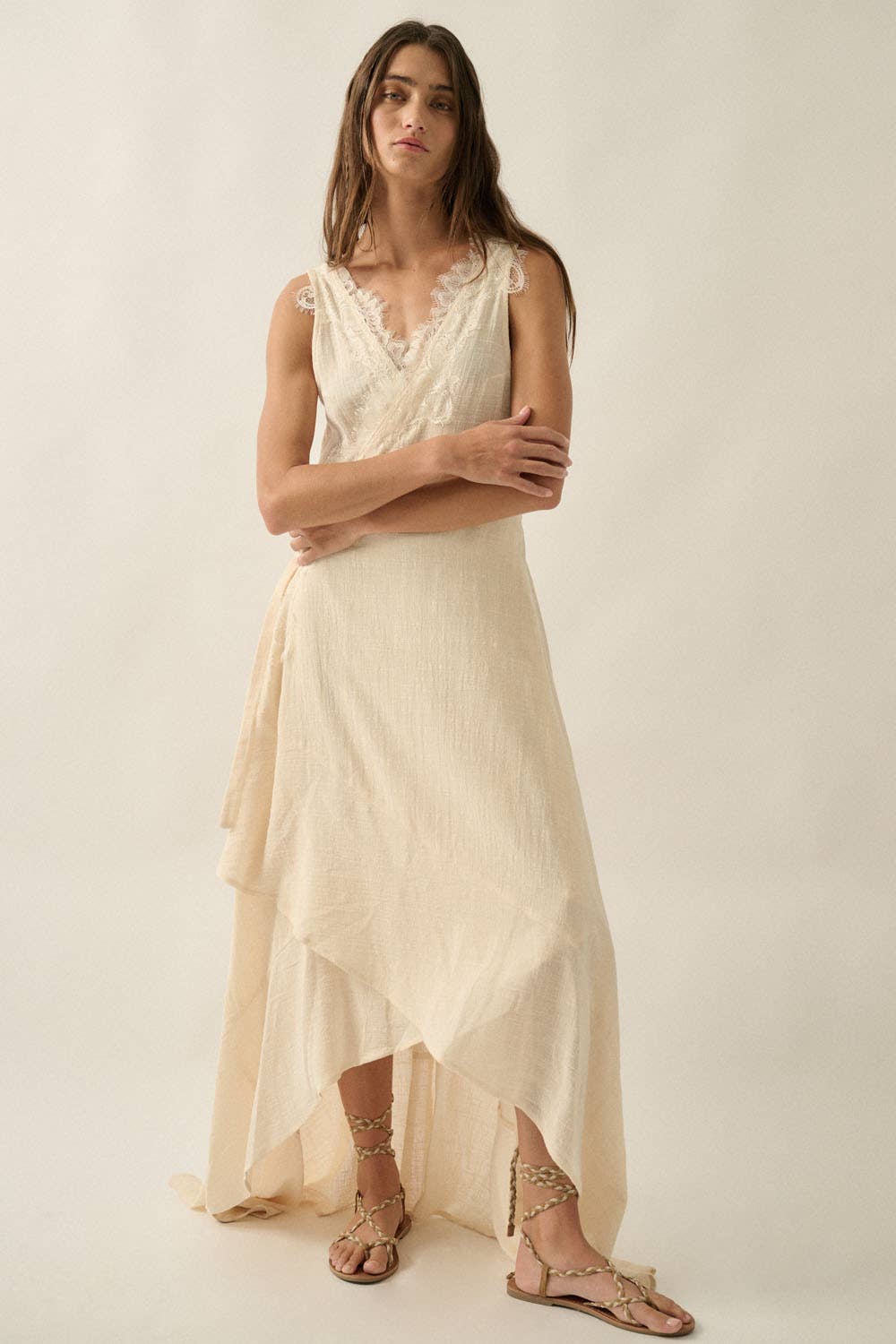 Lace-Trimmed Cotton Gauze Sleeveless Wrap Maxi Dress