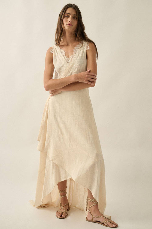 Lace-Trimmed Cotton Gauze Sleeveless Wrap Maxi Dress