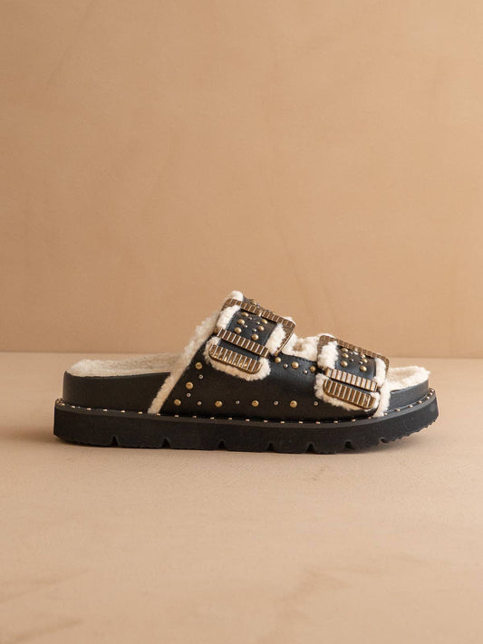 The Gaylen Black Studded Buckle Fleece-Lined Slide