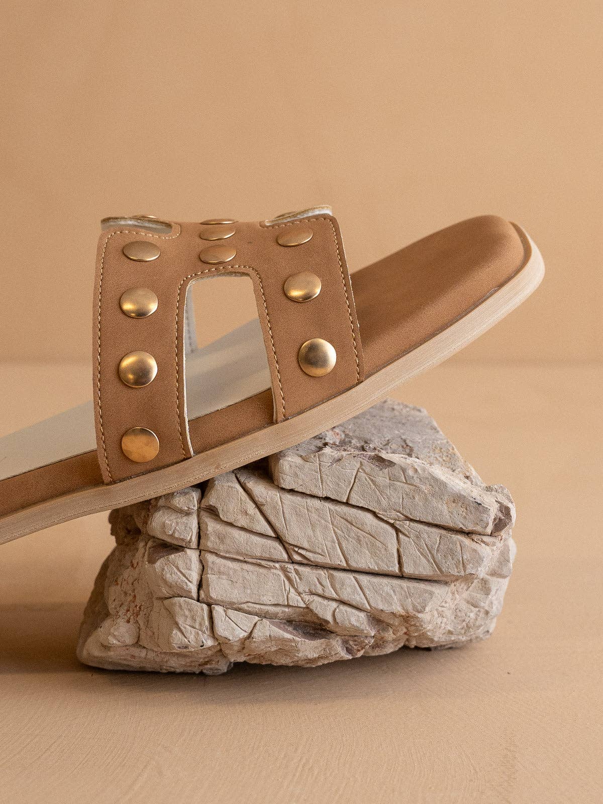 The Evelynne Camel Studded H Band Slides