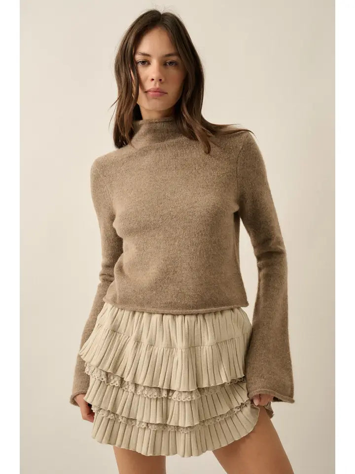 Bell-Sleeve Rolled-Edge Crop Sweater
