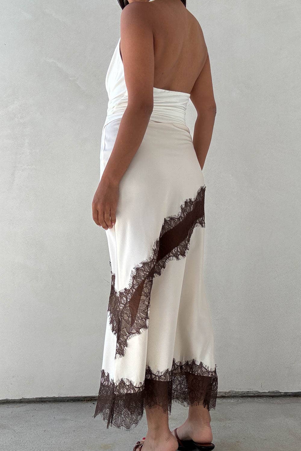Satin Contrast Lace Trim Midi Skirt