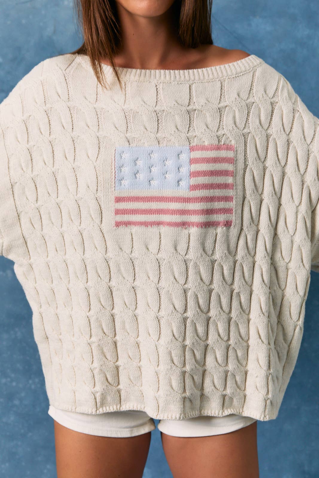 BOAT NECK AMERICAN FLAG CABLE SWEATER TOP