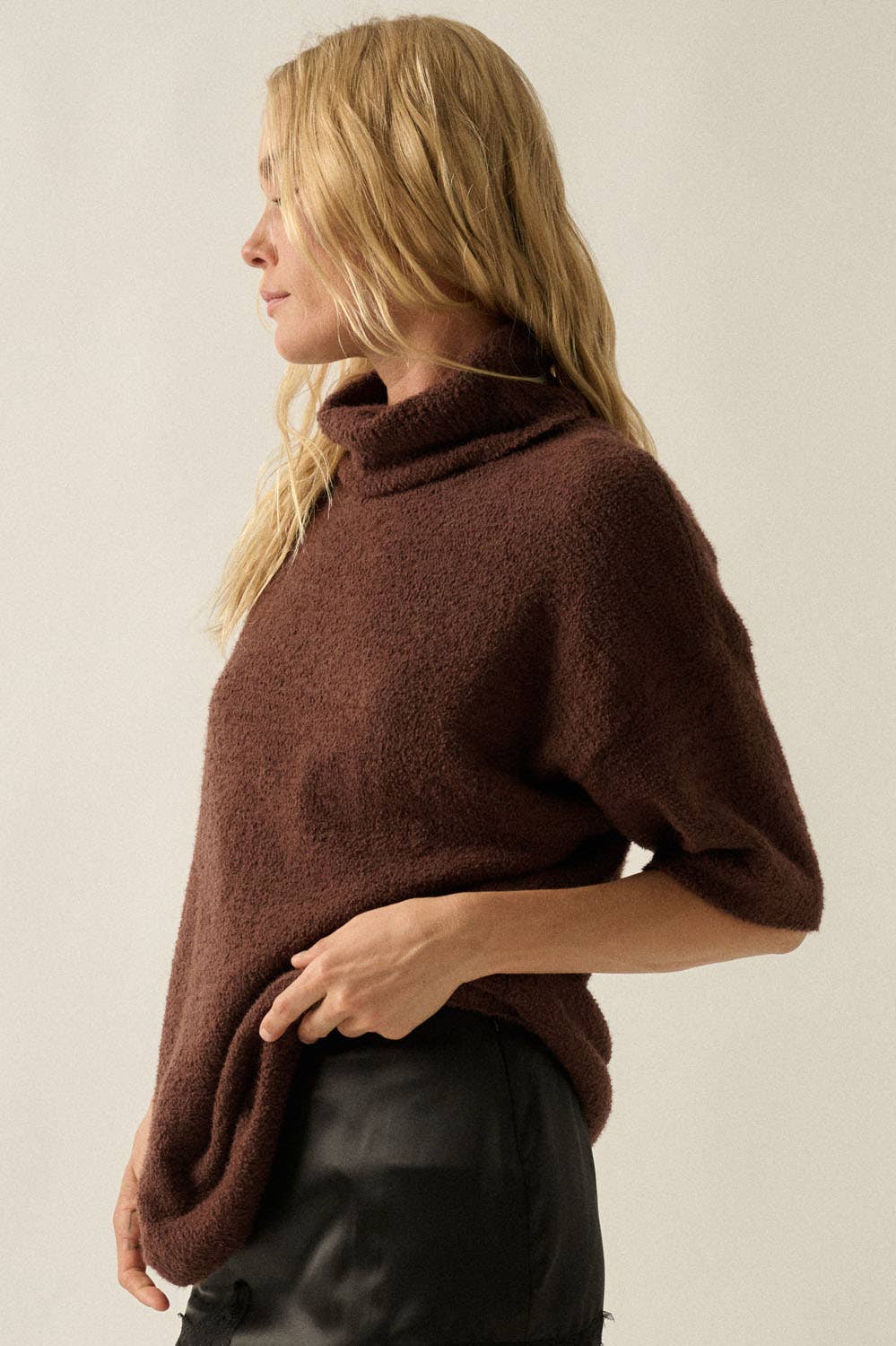 Boucle Knit Short-Sleeve Cowl-Neck Sweater