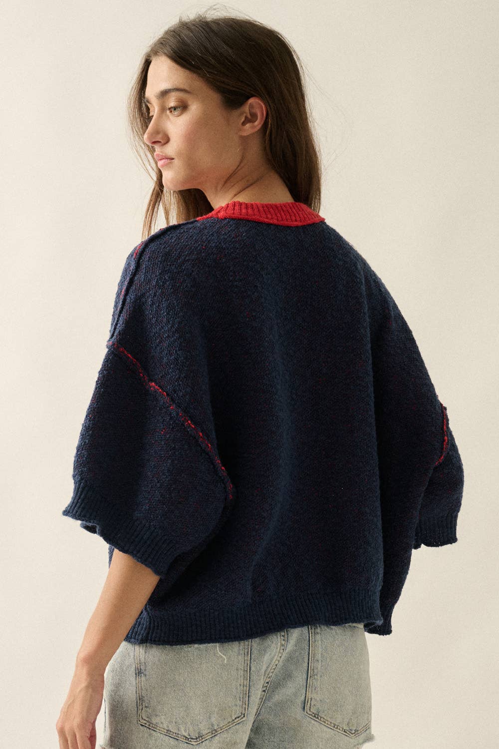 Anchor Jacquard-Knit Exposed-Seam Short-Sleeve Sweater