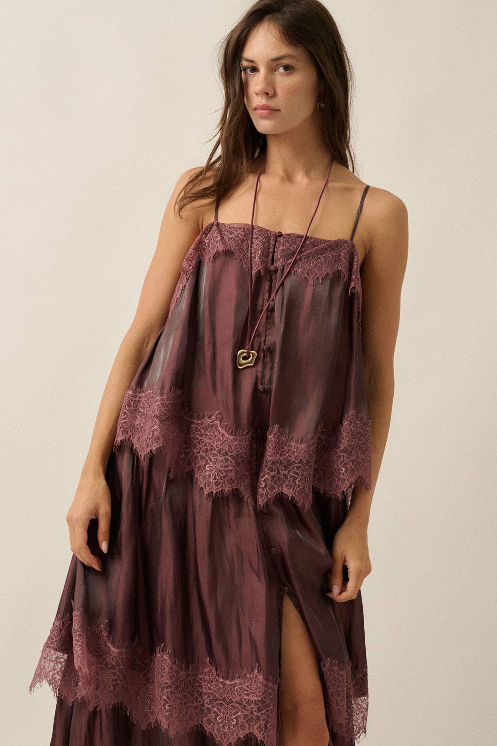 Shimmer Chiffon Lace-Trim Tiered Maxi Slip Dress