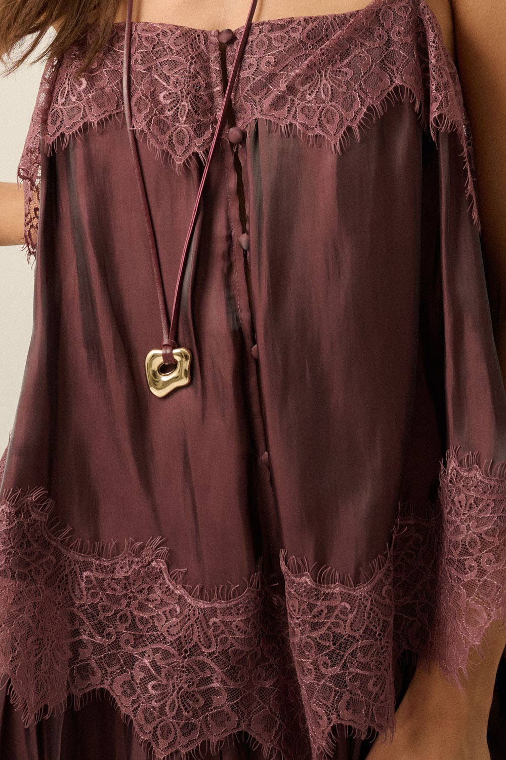 Shimmer Chiffon Lace-Trim Tiered Maxi Slip Dress