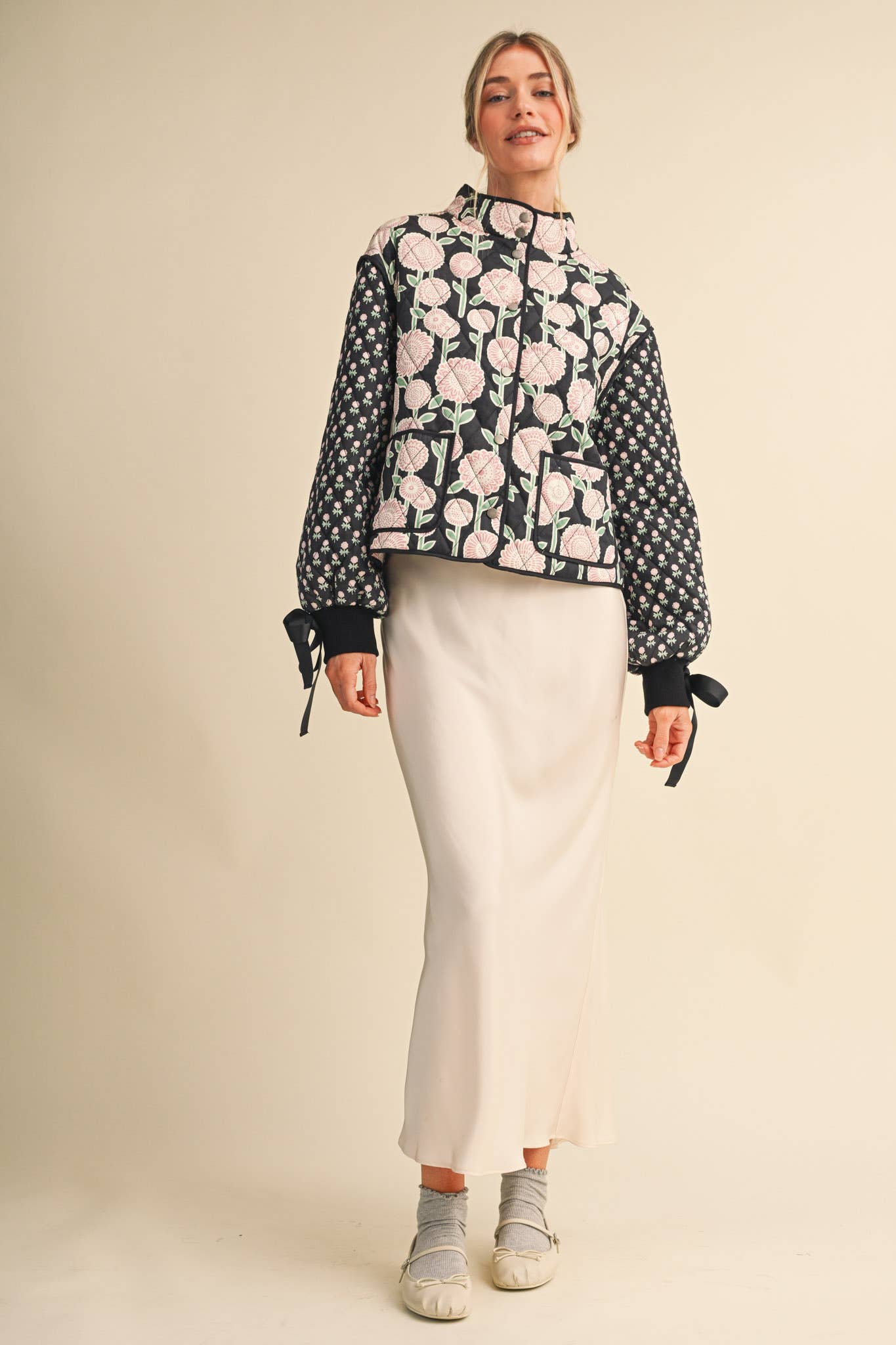Quinn Quilted Floral Print Jacket with Ribbon Detail