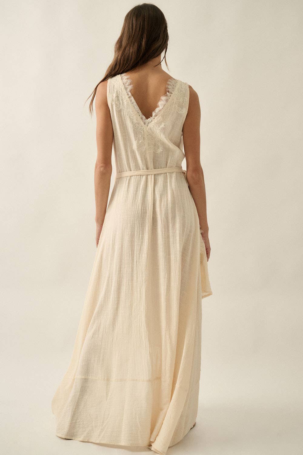 Lace-Trimmed Cotton Gauze Sleeveless Wrap Maxi Dress