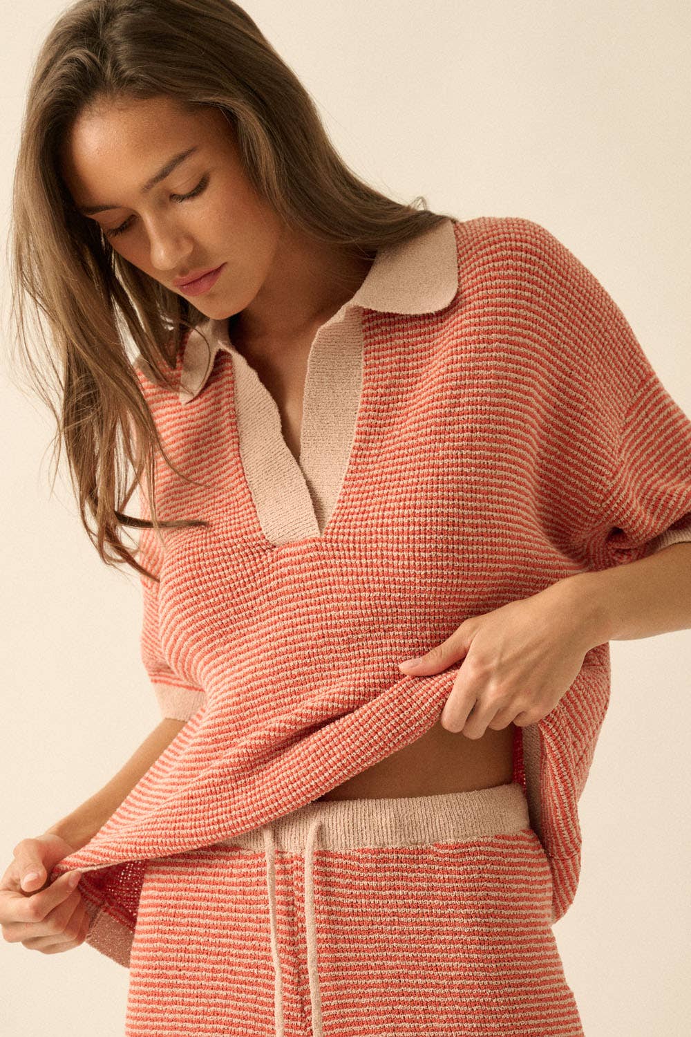 Striped Rib-Knit Collared Split-Neck Top