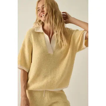 Stacey Striped Rib-Knit Collared Split-Neck Top