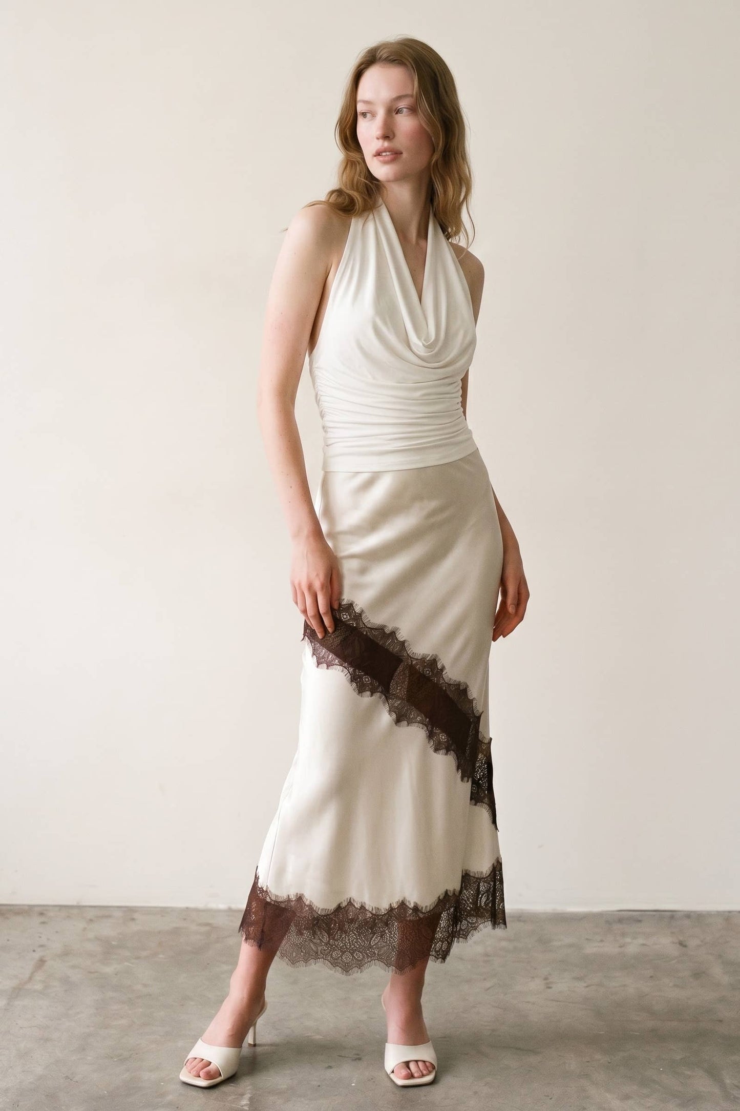 Satin Contrast Lace Trim Midi Skirt