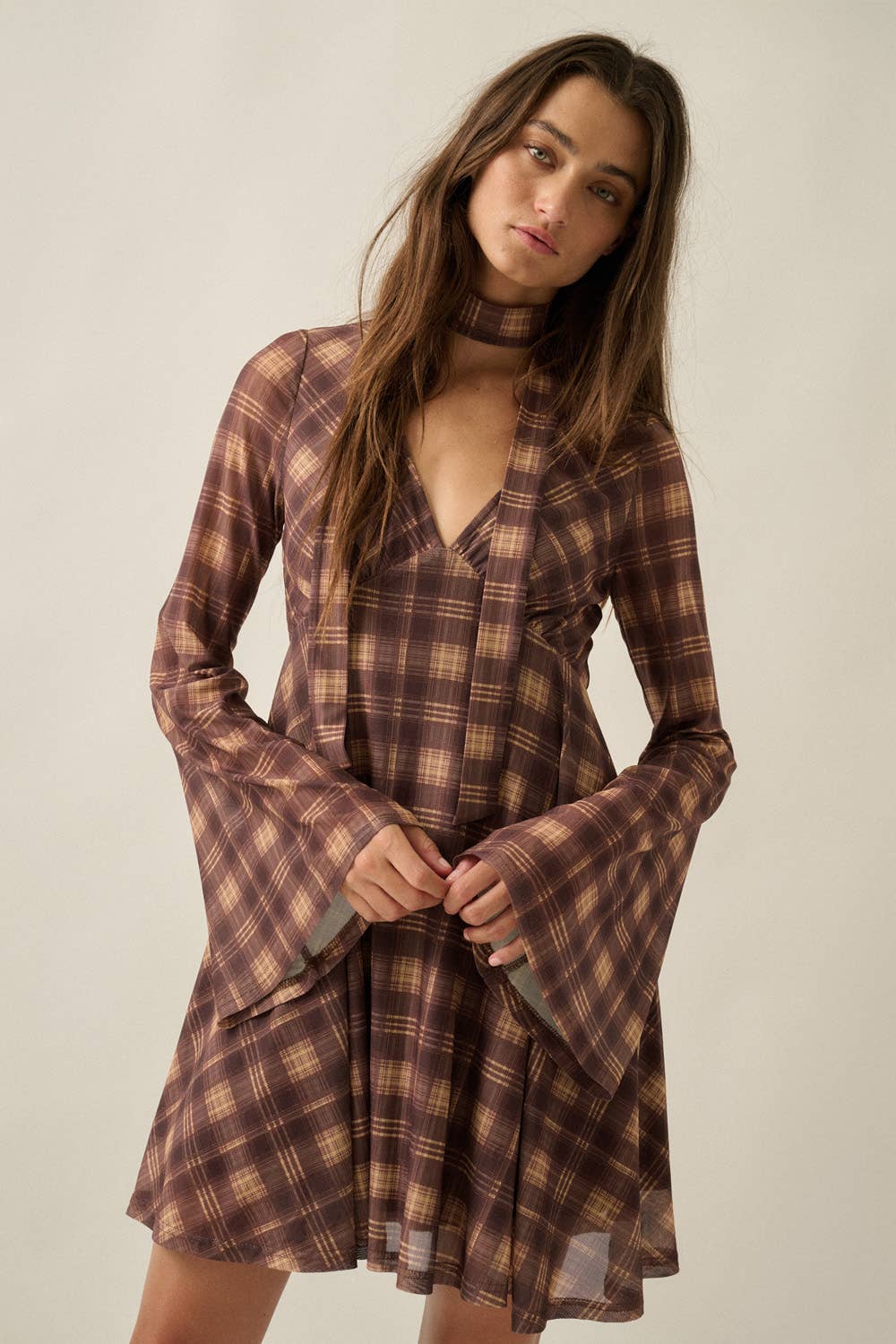 Belle-Sleeve Mini Dress with Scarf