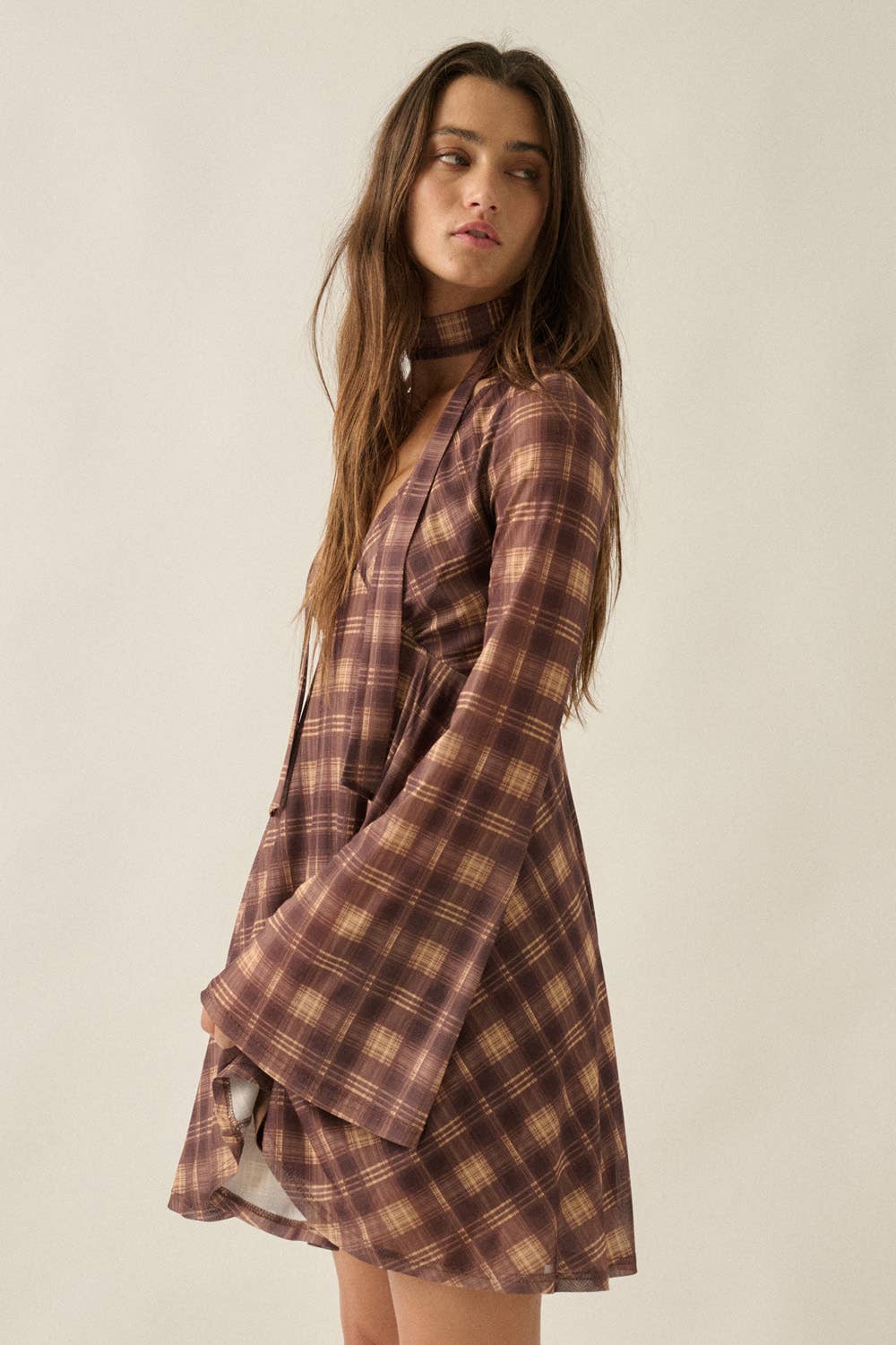 Belle-Sleeve Mini Dress with Scarf