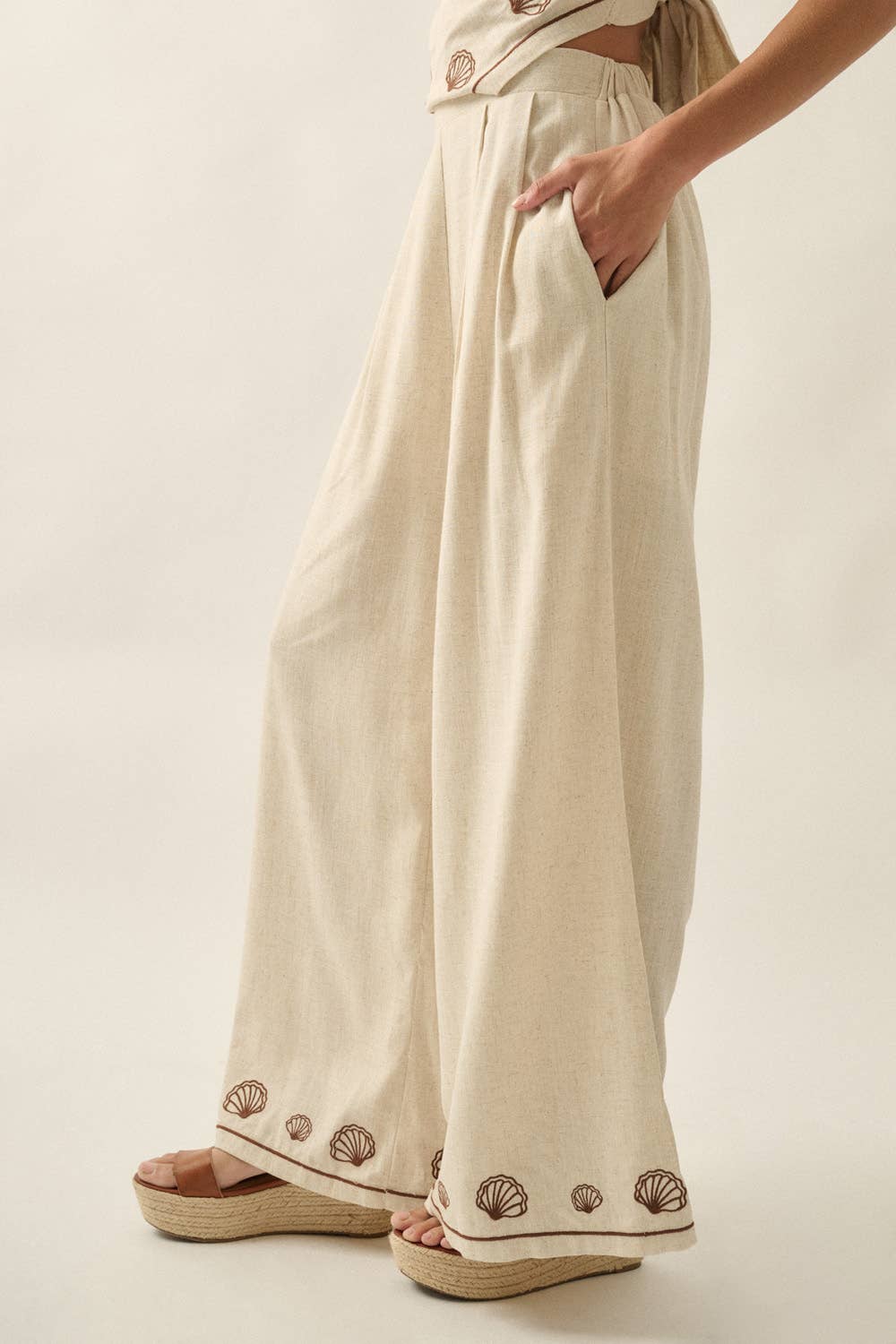 Shelly Seashell-Embroidered Wide-Leg Pants