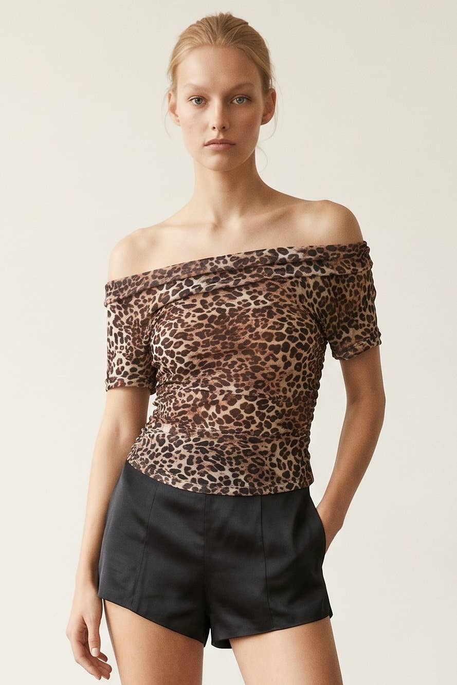 Leopard Mesh Cowl Neck Top