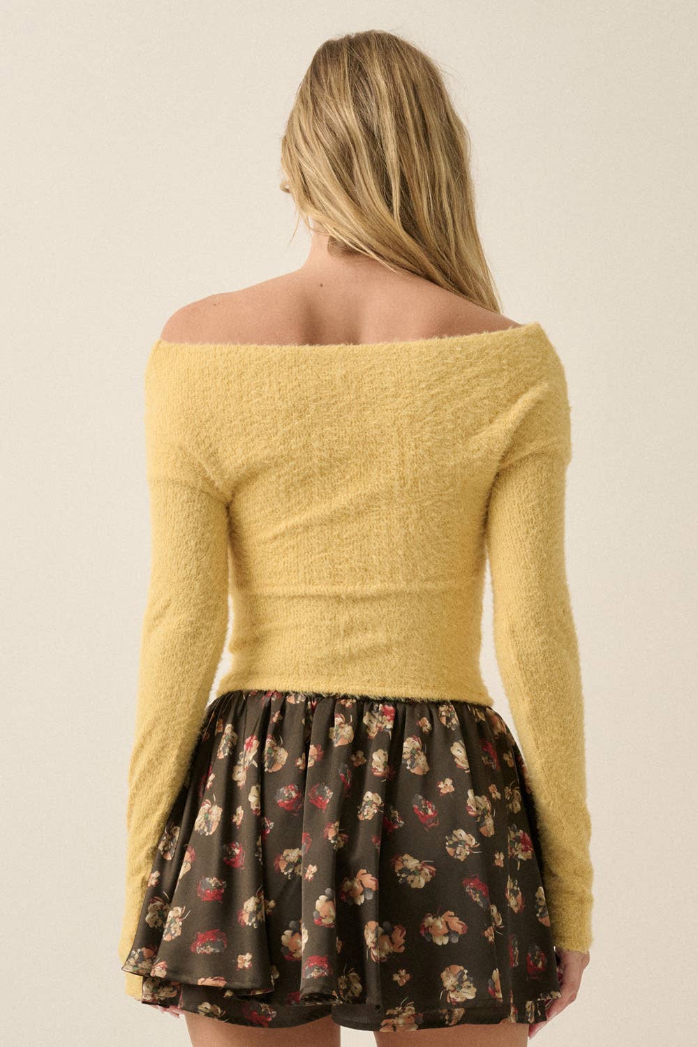 Fuzzy Knit Crossover Off-Shoulder Long-Sleeve Crop Top
