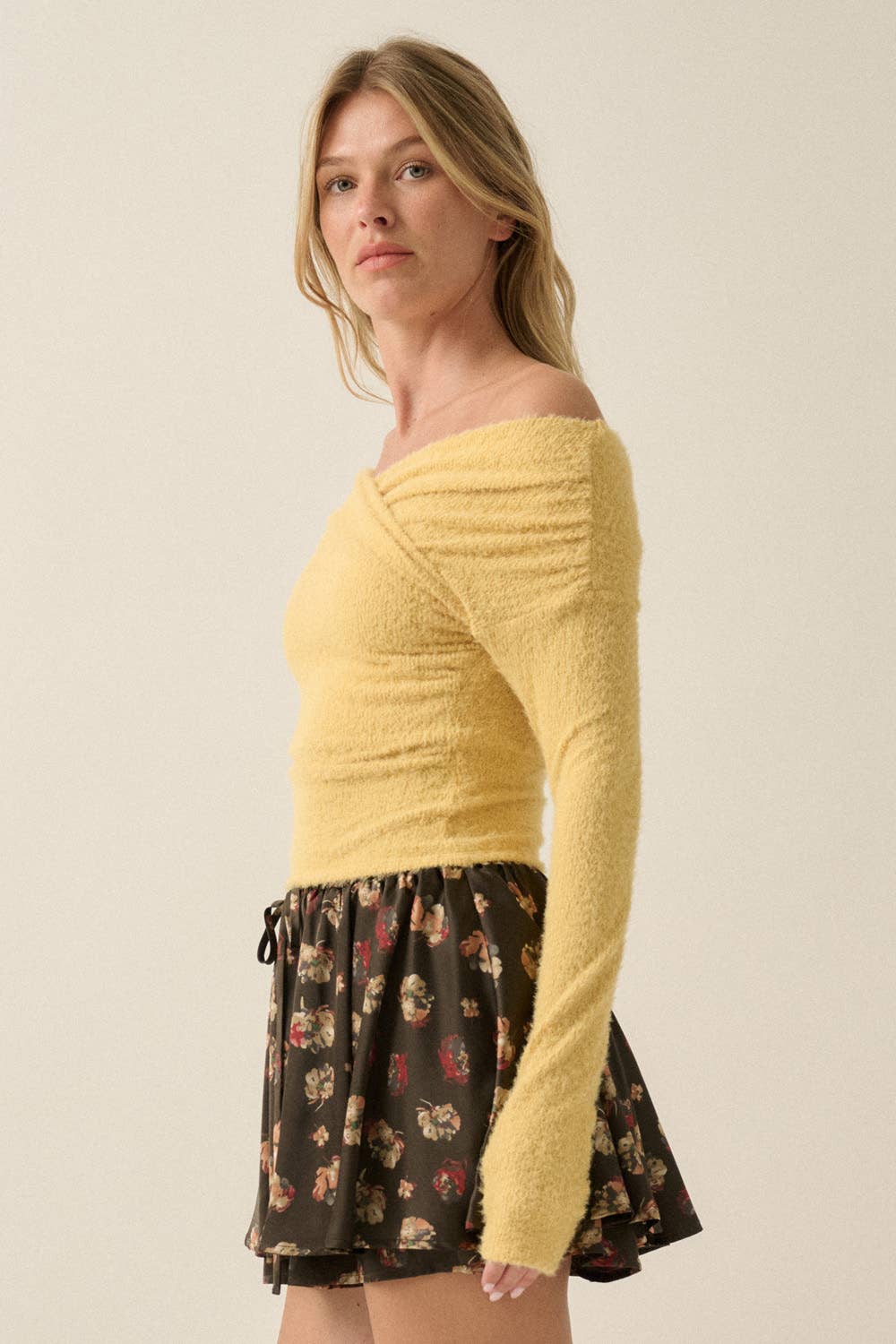 Fuzzy Knit Crossover Off-Shoulder Long-Sleeve Crop Top