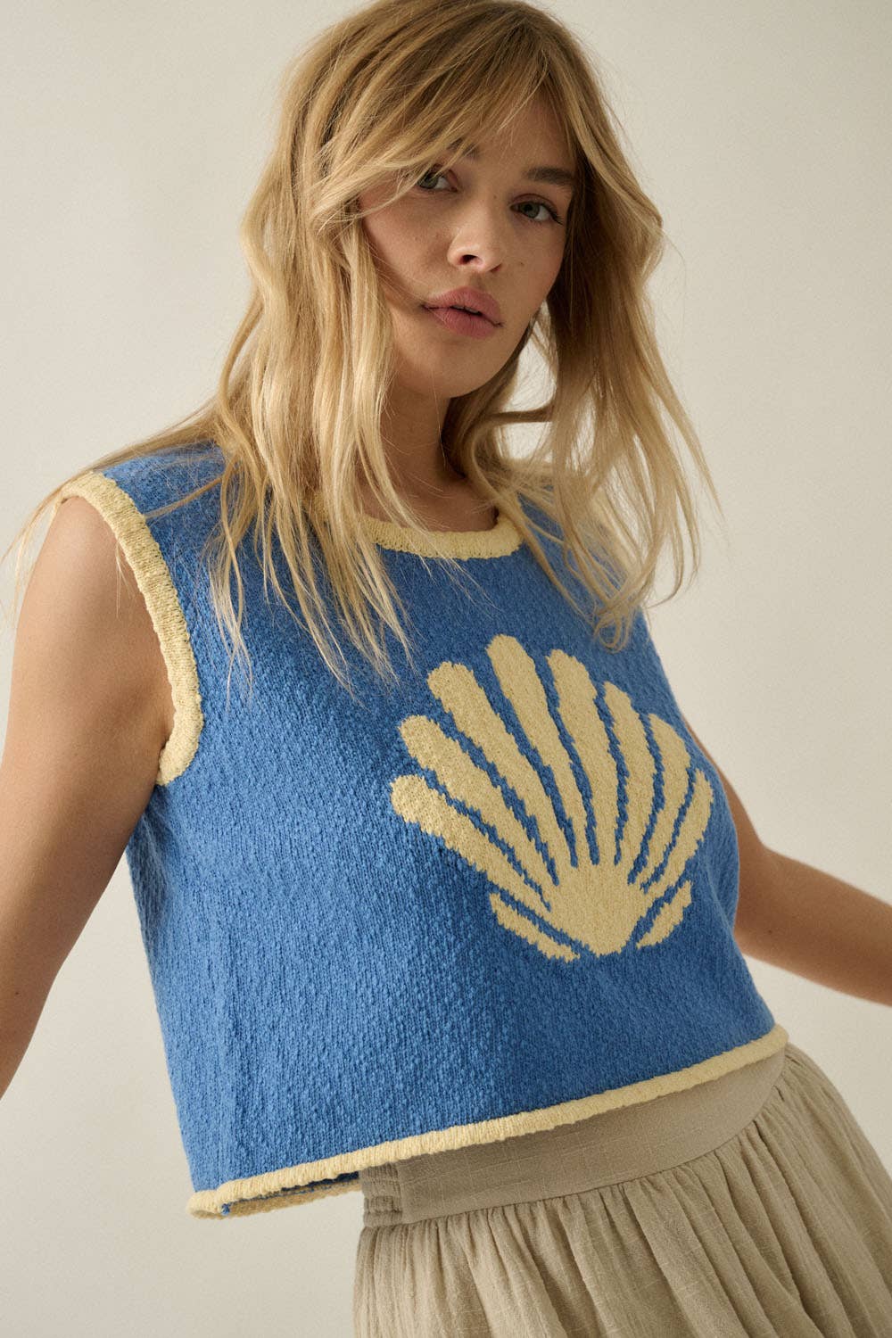 Seashell Jacquard-Knit Cropped Sweater Tank Top