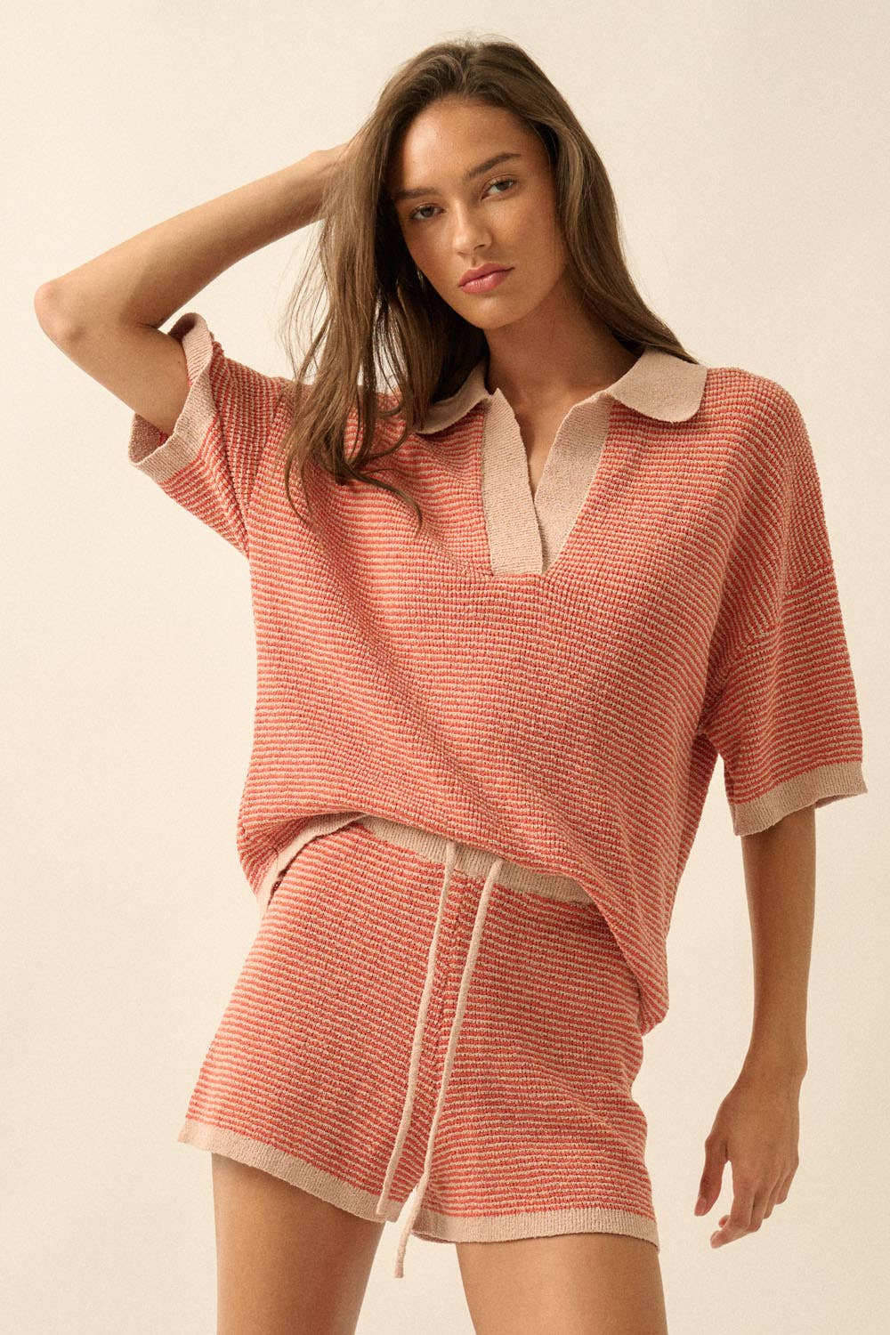 Striped Rib-Knit Collared Split-Neck Top