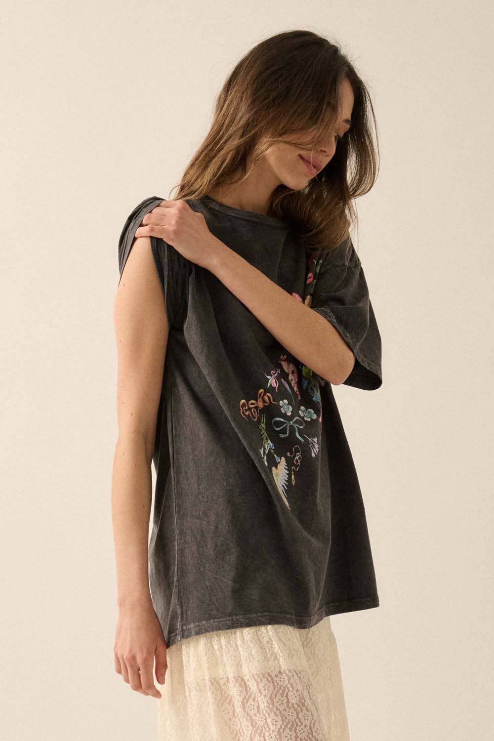 Flowers Bows and Birds Vintage-Wash Graphic Tee