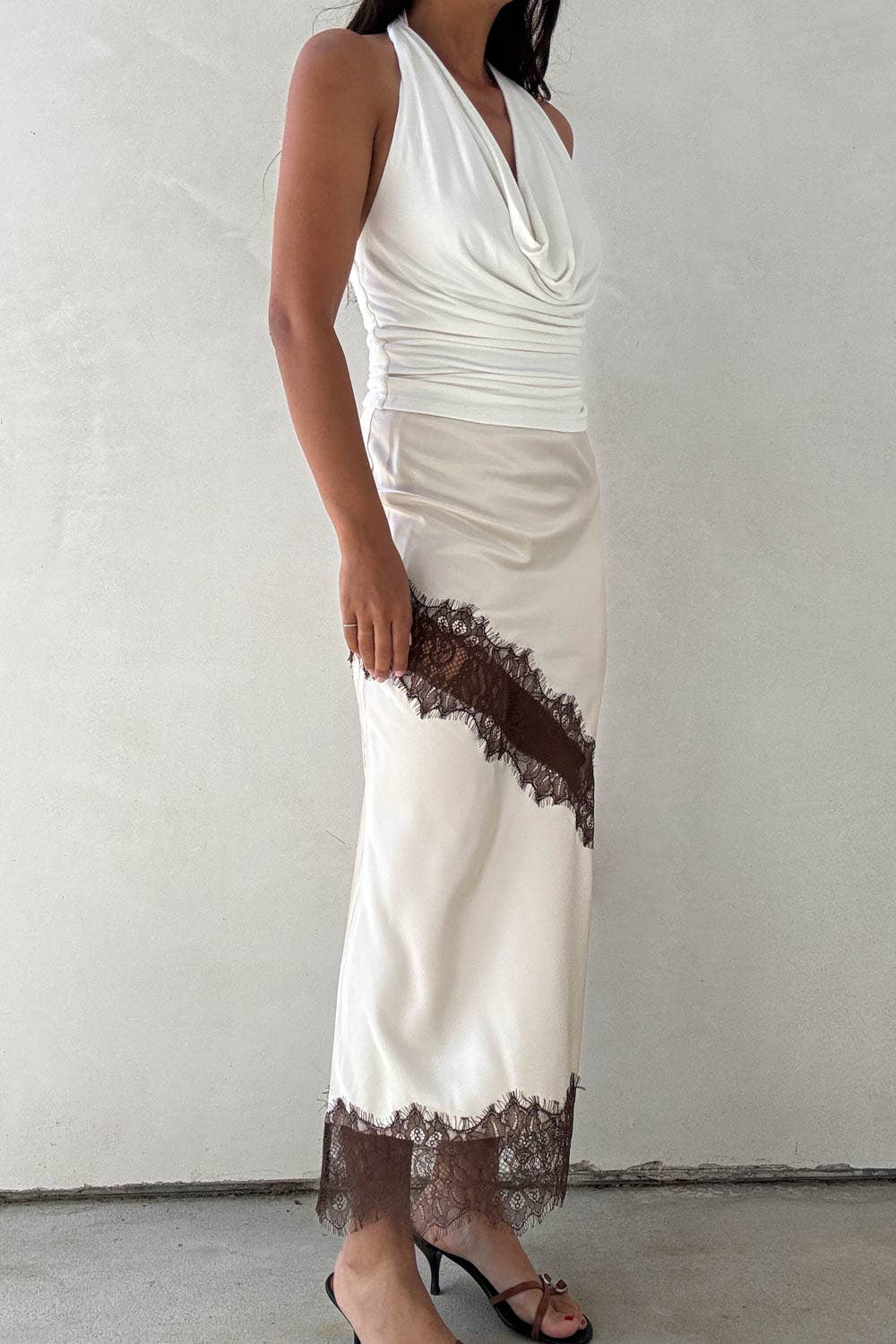 Satin Contrast Lace Trim Midi Skirt