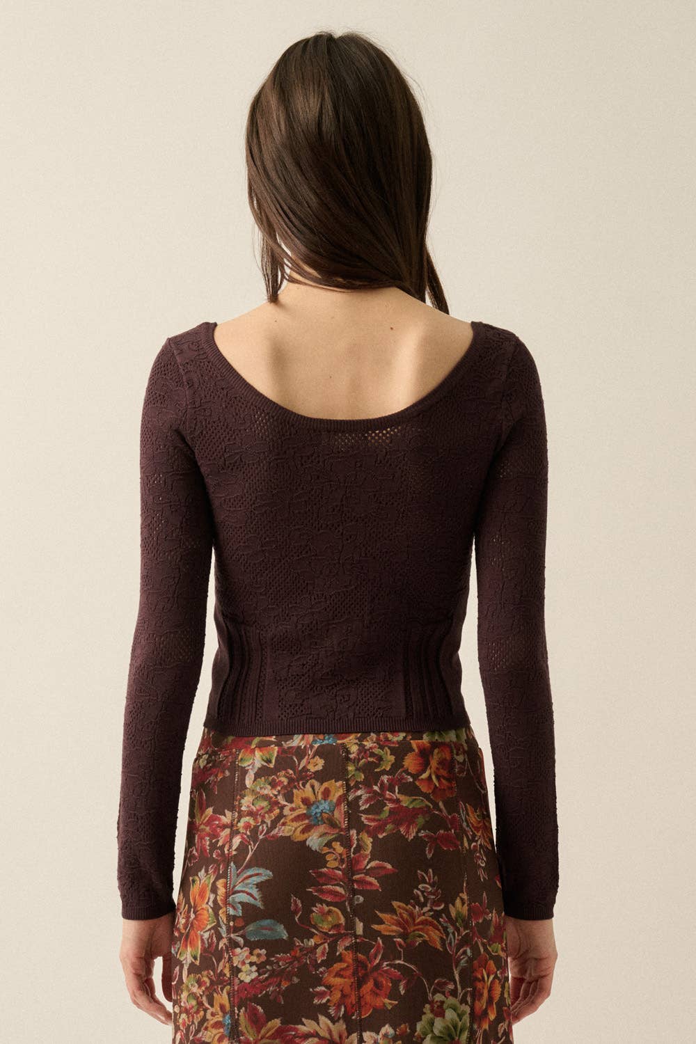 Floral Pointelle and Ribbed Knit Fitted Long-Sleeve Top