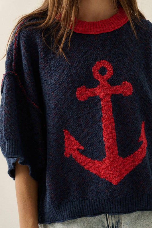 Anchor Jacquard-Knit Exposed-Seam Short-Sleeve Sweater