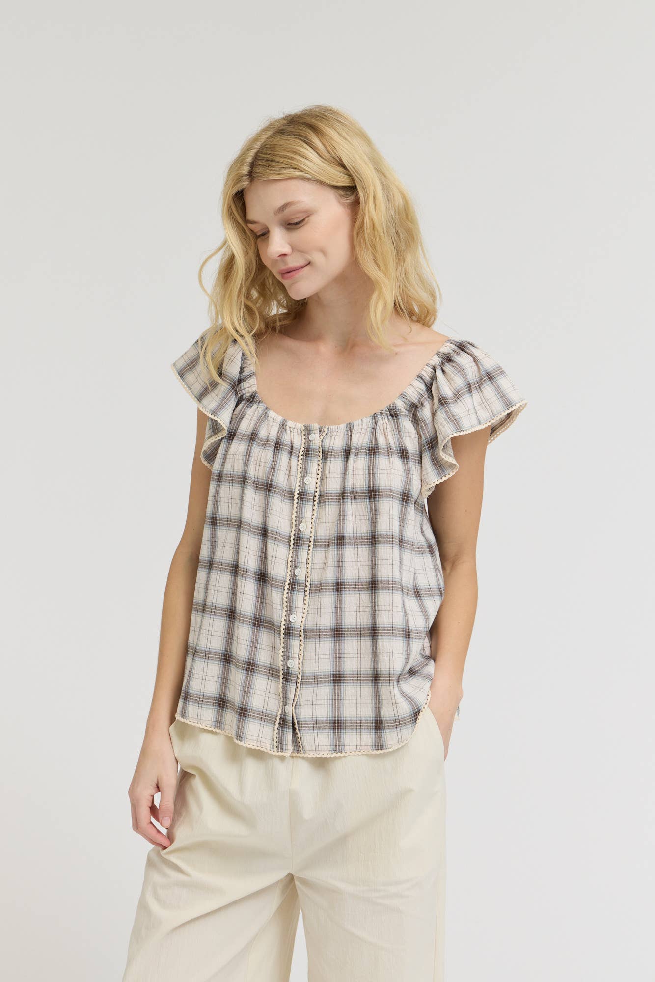 PLAID EYELET BLOUSE