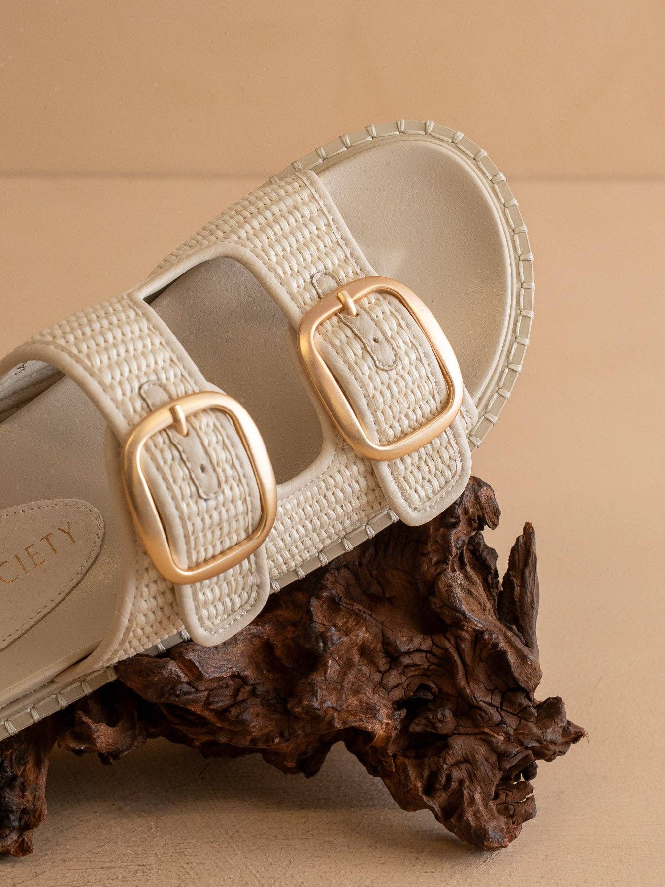 The Daytona Ivory aTwo-Tone Raffia Gold Buckle Sandal