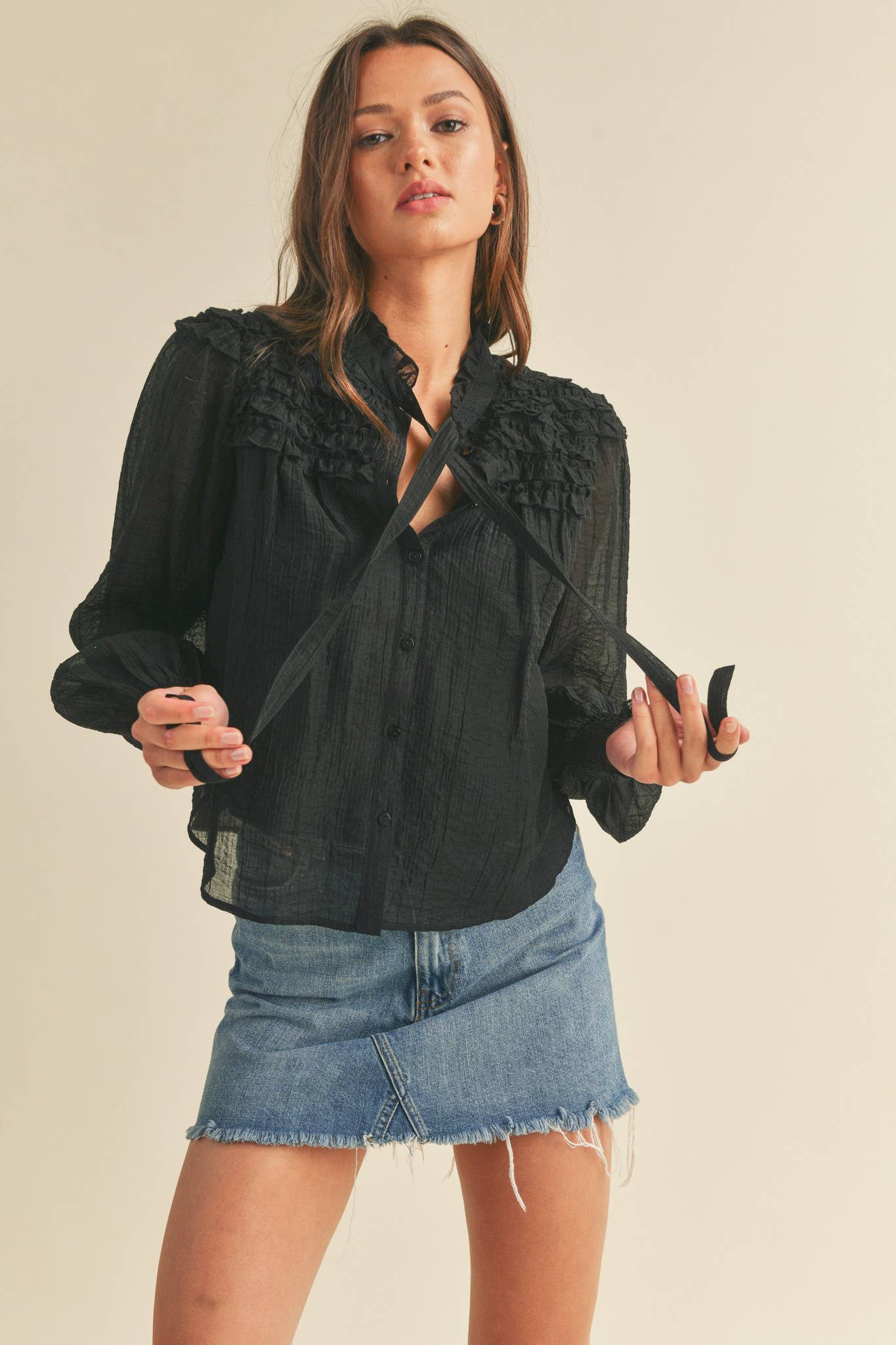 RUFFLE YOKE BALLOON SLEEVE TOP